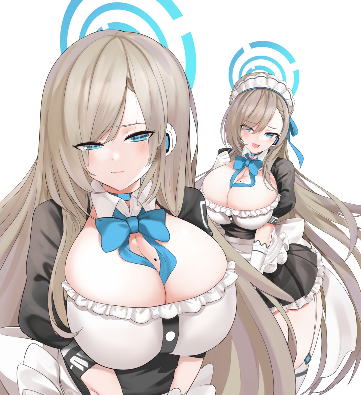 blue_archive cleavage halo ichinose_asuna maid no_bra riba stockings thighhighs