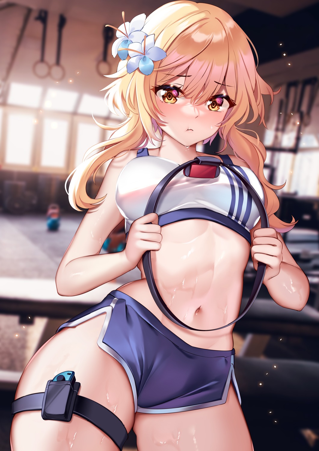 garter genshin_impact gym_uniform lumine squchan wet