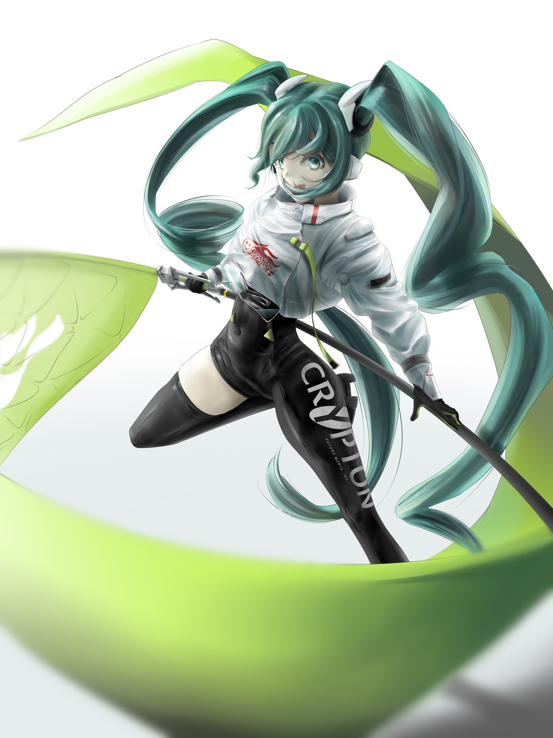 bodysuit fuchio goodsmile_racing hatsune_miku headphones racing_miku thighhighs vocaloid