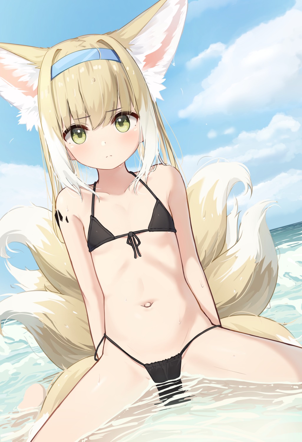 animal_ears arknights bikini cameltoe hawawa kitsune loli suzuran_(arknights) swimsuits tail wet