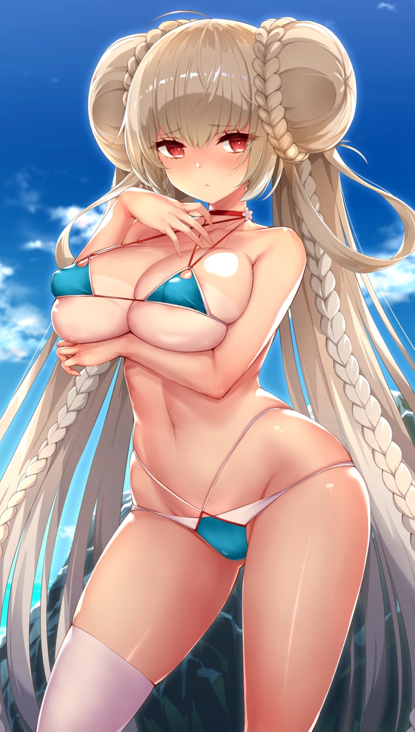 areola azur_lane bikini breast_hold erect_nipples formidable_(azur_lane) sigma_rio swimsuits tan_lines thighhighs