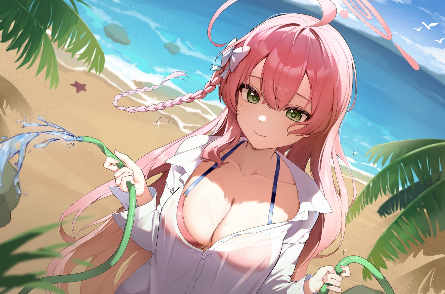 bikini_top blue_archive dress_shirt halo oeuia open_shirt see_through swimsuits urawa_hanako wet wet_clothes