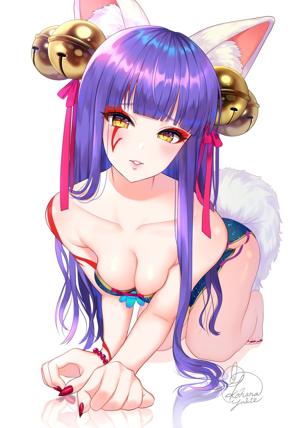 animal_ears daji_(monster_strike) kohanayuki monster_strike no_bra tail tattoo