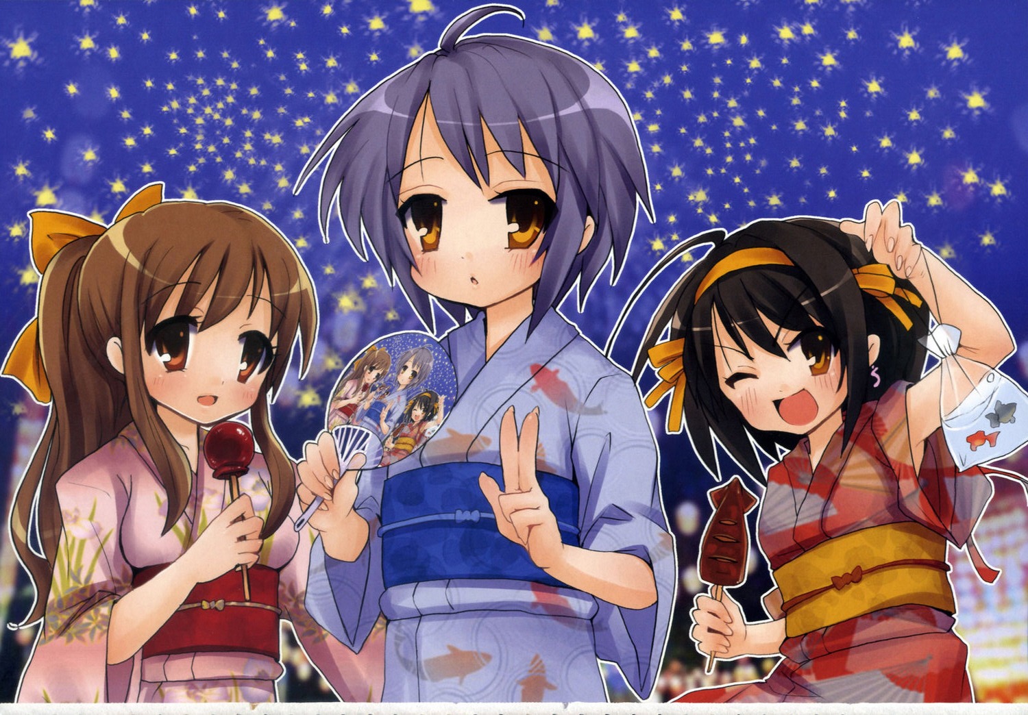 asahina_mikuru nagato_yuki suzumiya_haruhi suzumiya_haruhi_no_yuuutsu towaru_ana yukata