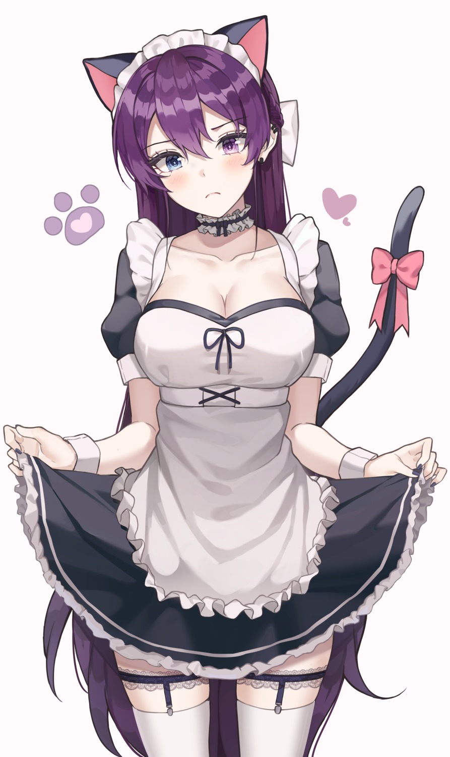 animal_ears cleavage garter heterochromia luxiel maid nekomimi skirt_lift stockings tail thighhighs