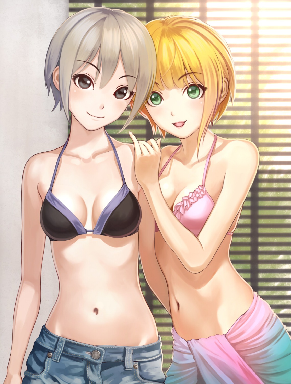 bikini_top cleavage miyamoto_frederica nekopuchi shiomi_shuuko swimsuits the_idolm@ster the_idolm@ster_cinderella_girls