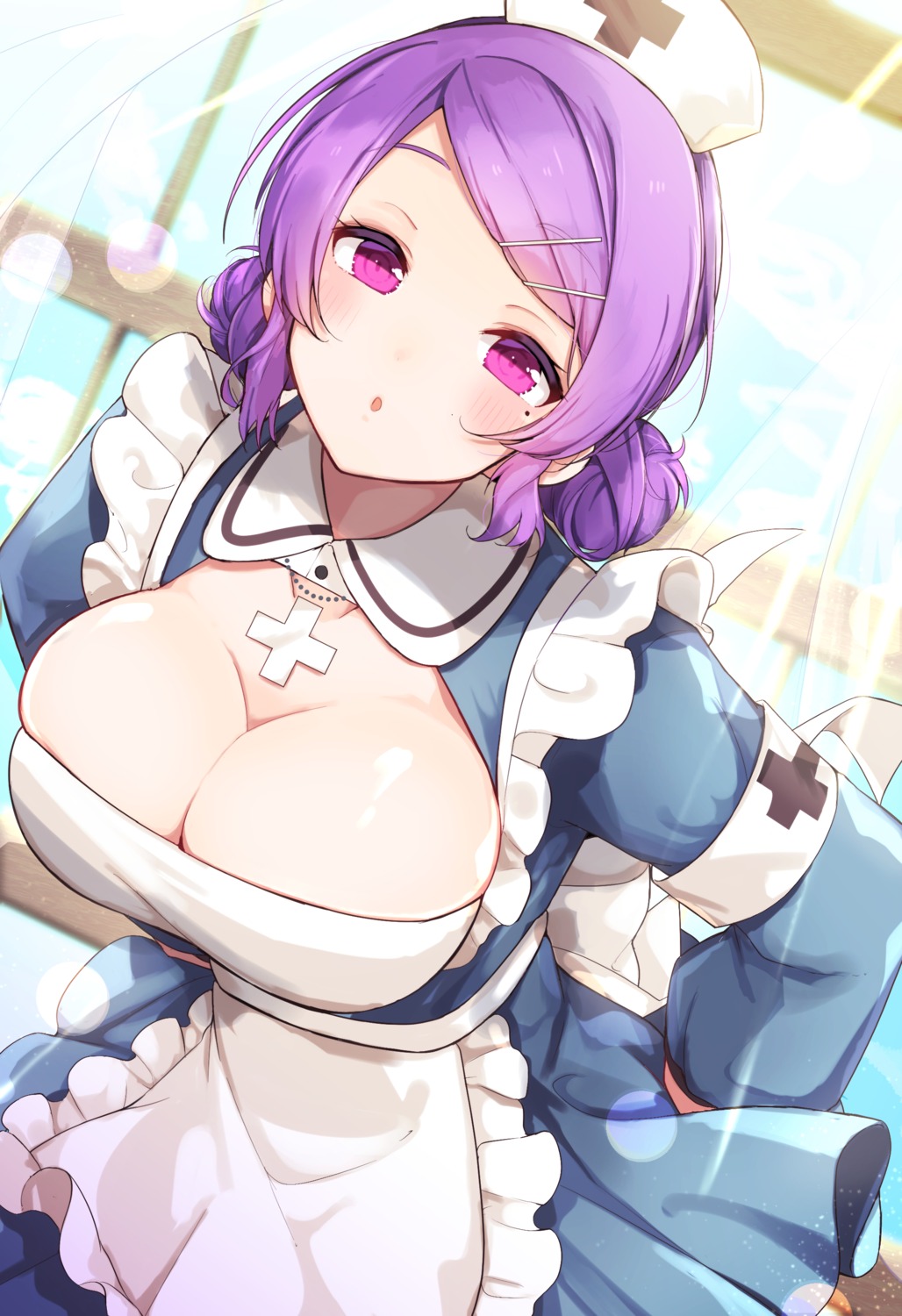 artist_revision cleavage goroo_(eneosu) no_bra nurse skirt_lift