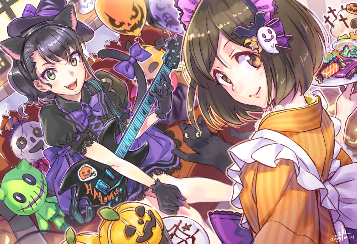 animal_ears guitar halloween maid neko nekomimi tail wa_maid wedo