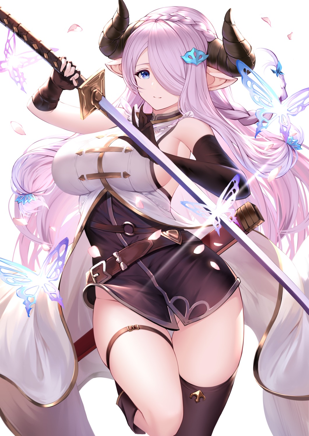 an_yasuri garter granblue_fantasy horns narumeia_(granblue_fantasy) no_bra nopan pointy_ears skirt_lift sword thighhighs