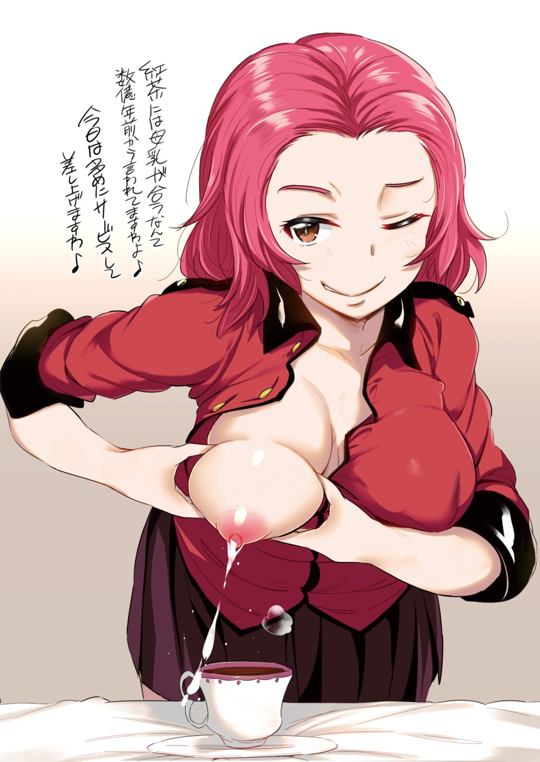 breast_hold breasts girls_und_panzer lactation nipples no_bra noripachi open_shirt rosehip uniform