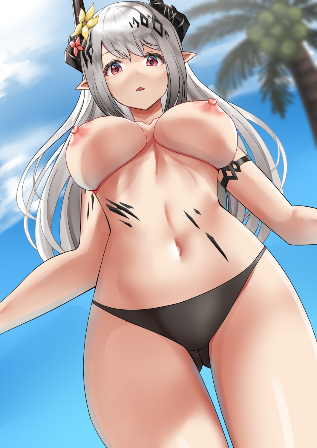 arknights bikini horns mudrock_(arknights) nipples pointy_ears springve swimsuits topless