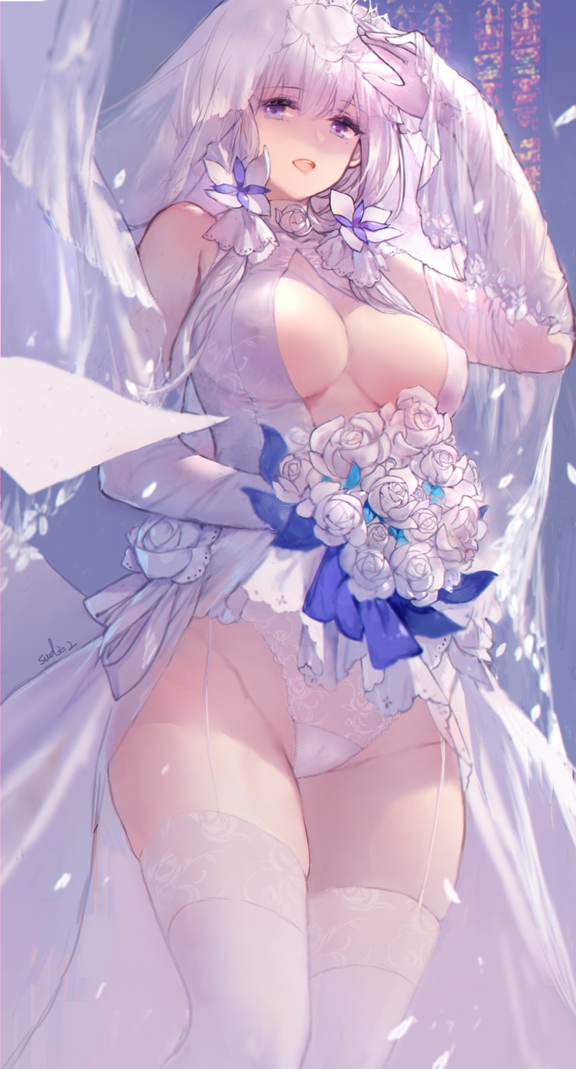 azur_lane cameltoe dress illustrious_(azur_lane) no_bra open_shirt pantsu skirt_lift stockings swd3e2 thighhighs wedding_dress