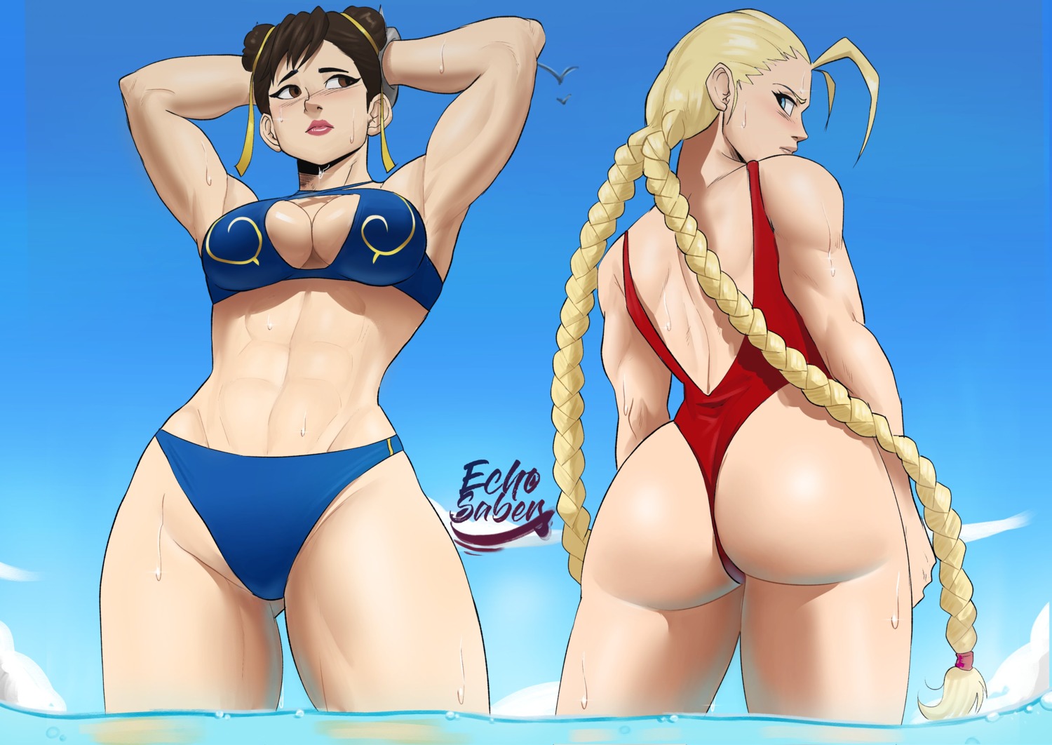 ass bikini cammy_white chun_li echo_saber street_fighter swimsuits wet