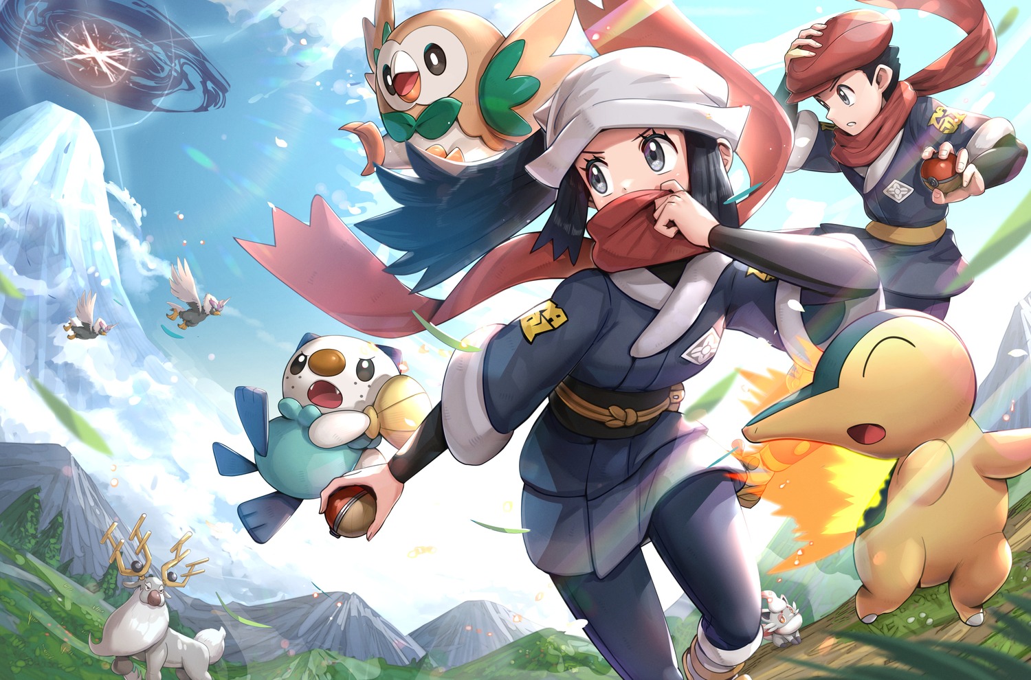 cyndaquil gonzarez hisuian_braviary hisuian_zorua japanese_clothes oshawott pokemon pokemon_legends_arceus rowlet shou_(pokemon) teru_(pokemon) wyrdeer