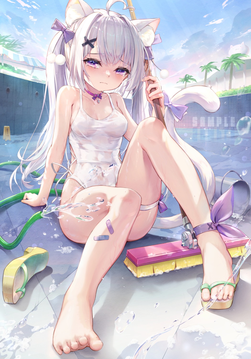 animal_ears bandaid feet garter loli nekomimi qiaogun_damodao sample school_swimsuit see_through swimsuits tail wet wet_clothes