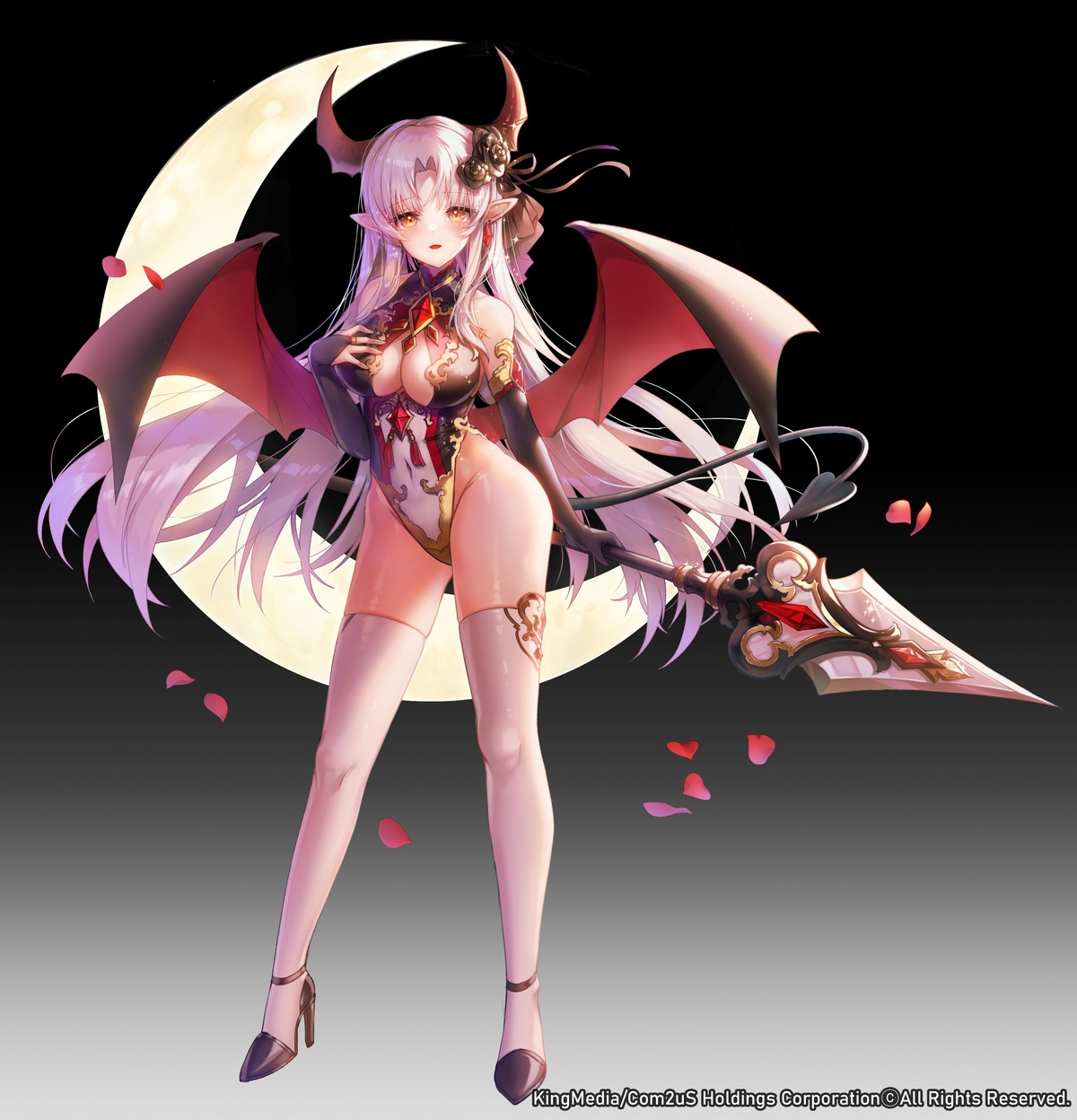 apple_caramel heels horns leotard pointy_ears tail thighhighs weapon wings