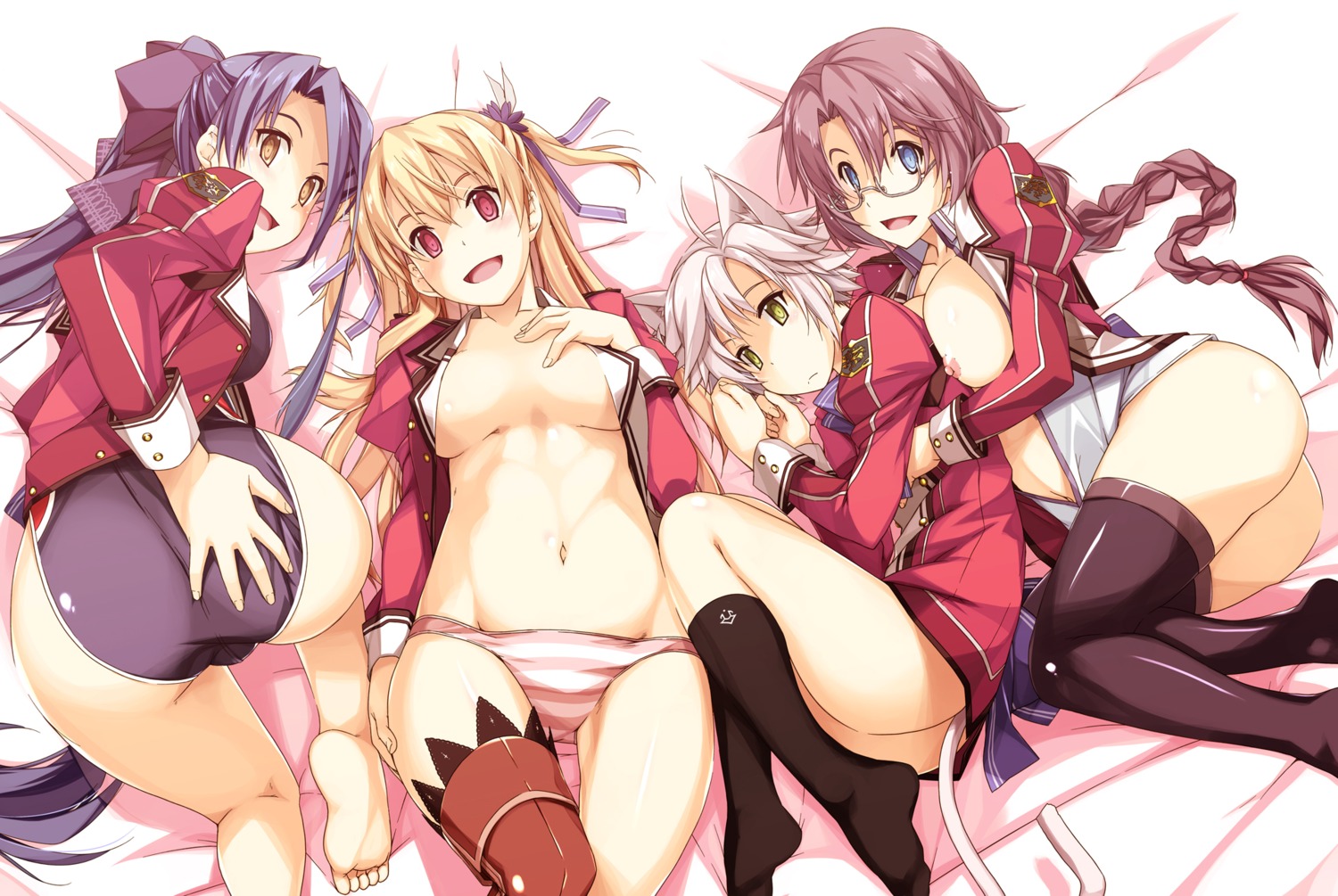 alisa_reinford animal_ears ass bottomless breast_hold breasts eiyuu_densetsu emma_millstein fie_claussell laura_s_arseid megane nekomimi nipples no_bra open_shirt pantsu seifuku shikei shimapan swimsuits tail thighhighs