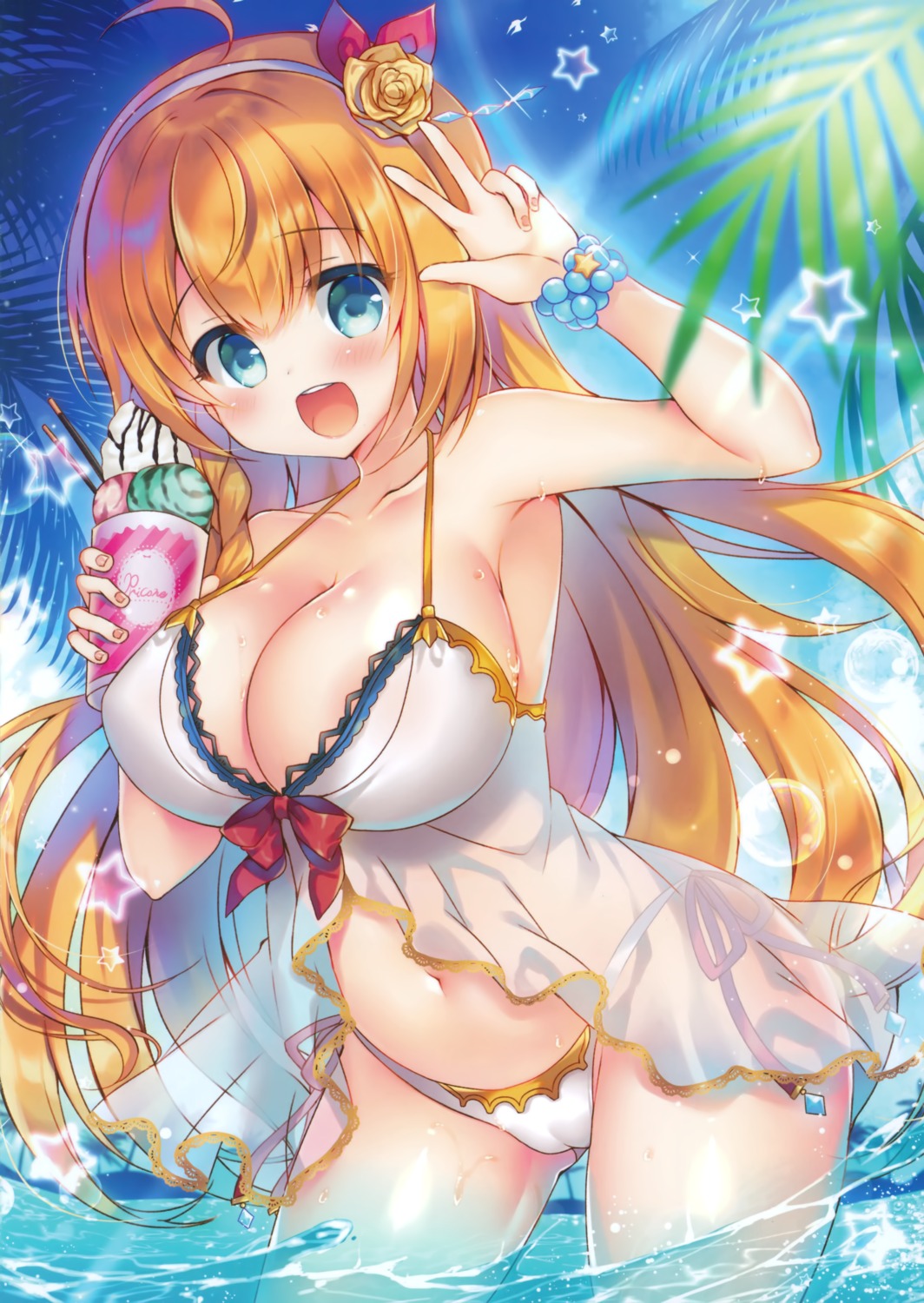 bikini cameltoe pecorine princess_connect! princess_connect!_re:dive see_through skirt_lift suzunone_rena swimsuits thong wet