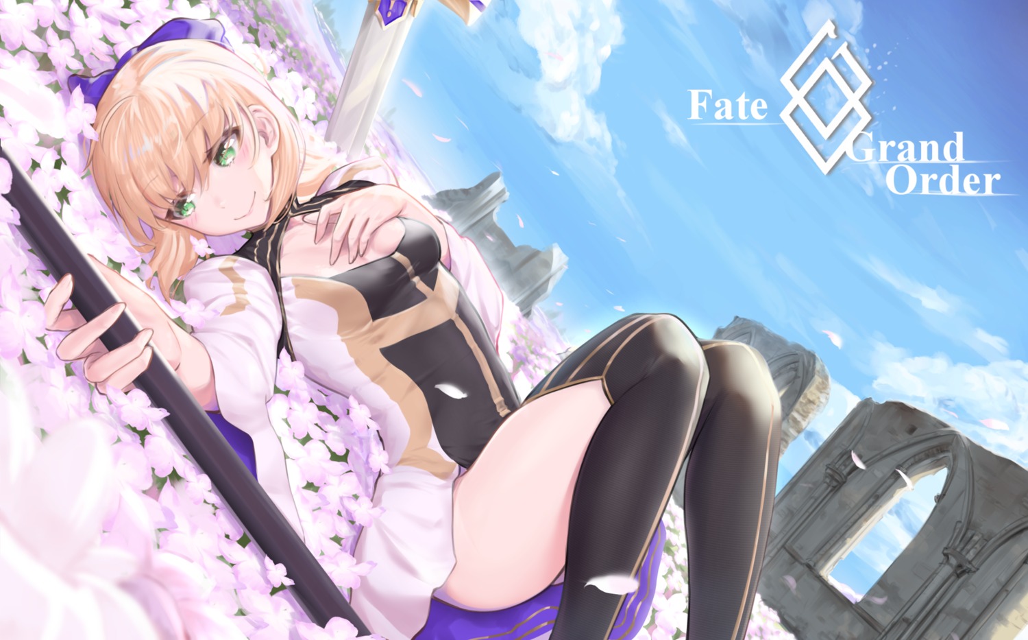 artoria_pendragon_(caster) breast_hold fate/grand_order no_bra padoruu skirt_lift sword thighhighs