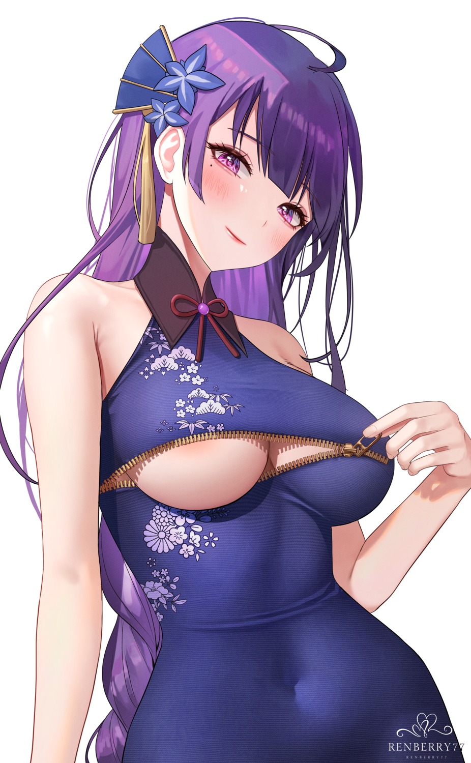 areola asian_clothes genshin_impact no_bra raiden_shogun renberry undressing