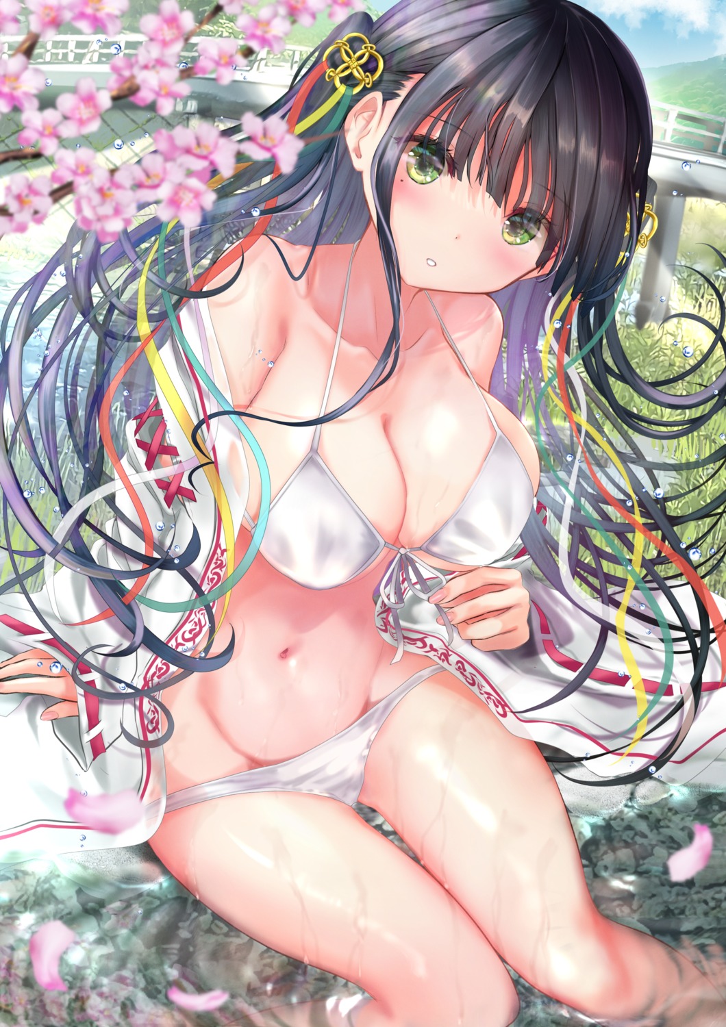 bikini miko ogata_tei open_shirt panty_pull see_through swimsuits wet wet_clothes