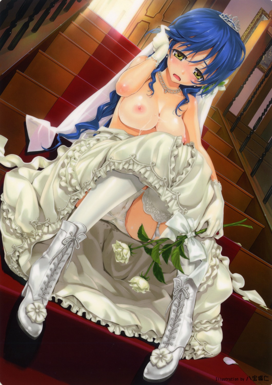 breasts cameltoe dress happoubi_jin heels nipples no_bra pantsu pussy_juice skirt_lift stockings thighhighs wedding_dress wet