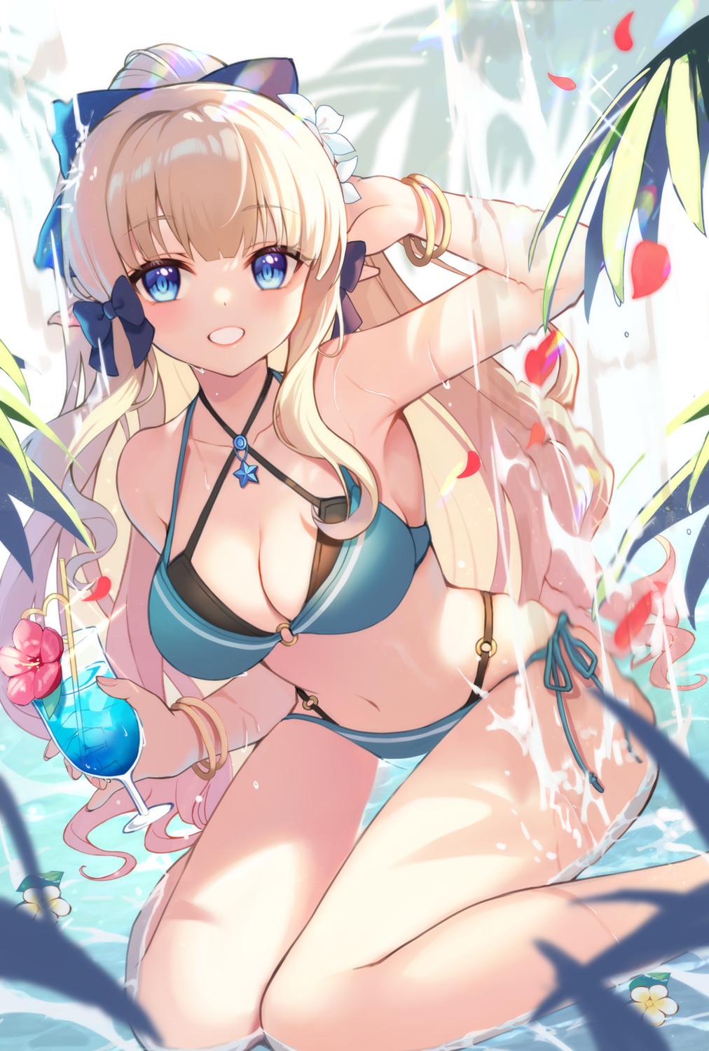 bikini hasu_(velicia) pointy_ears princess_connect! princess_connect!_re:dive sasaki_saren swimsuits wet