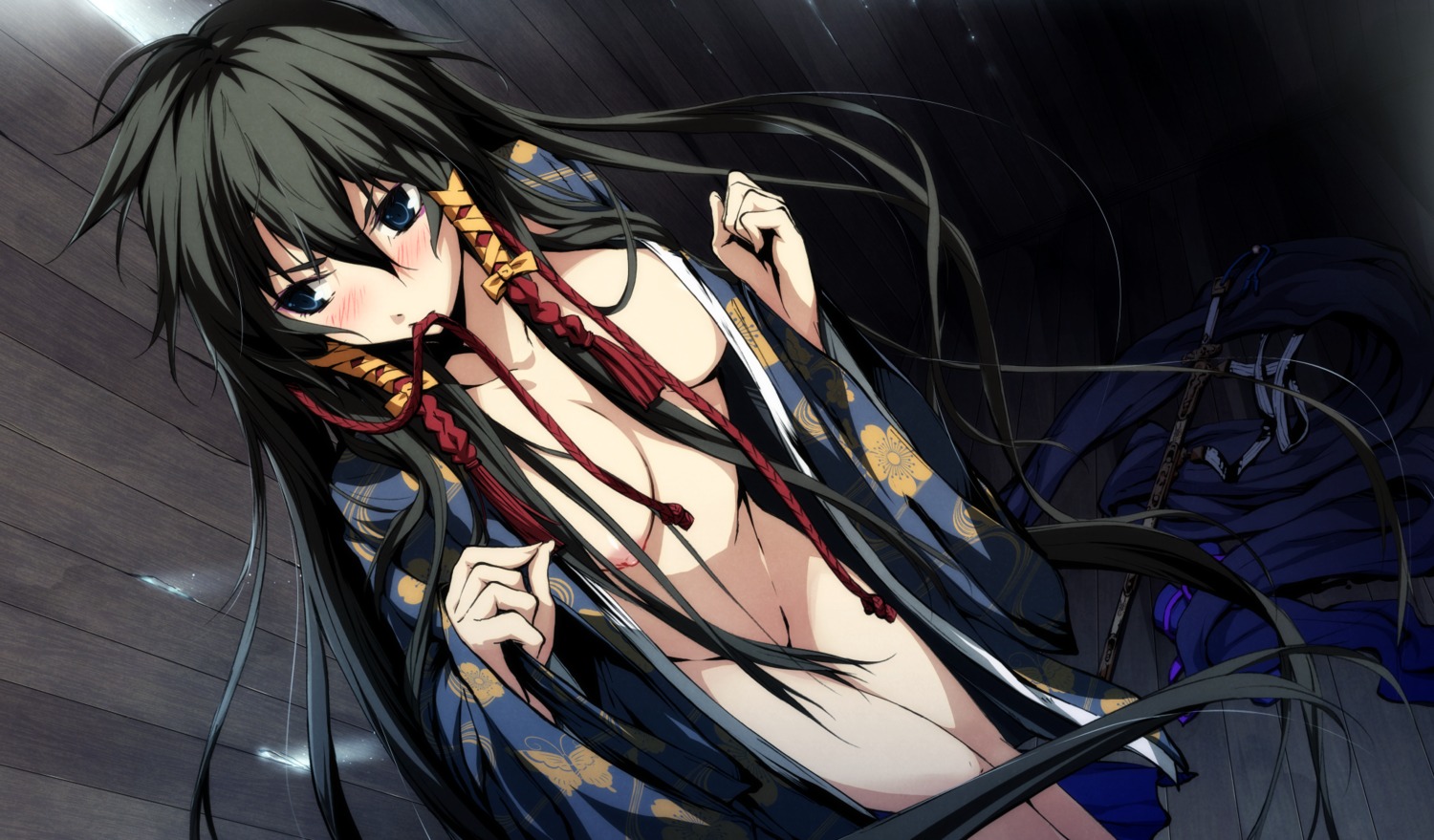 breasts g_yuusuke game_cg kajiri_kamui_kagura koga_rindou light nipples no_bra nopan open_shirt sword undressing yukata