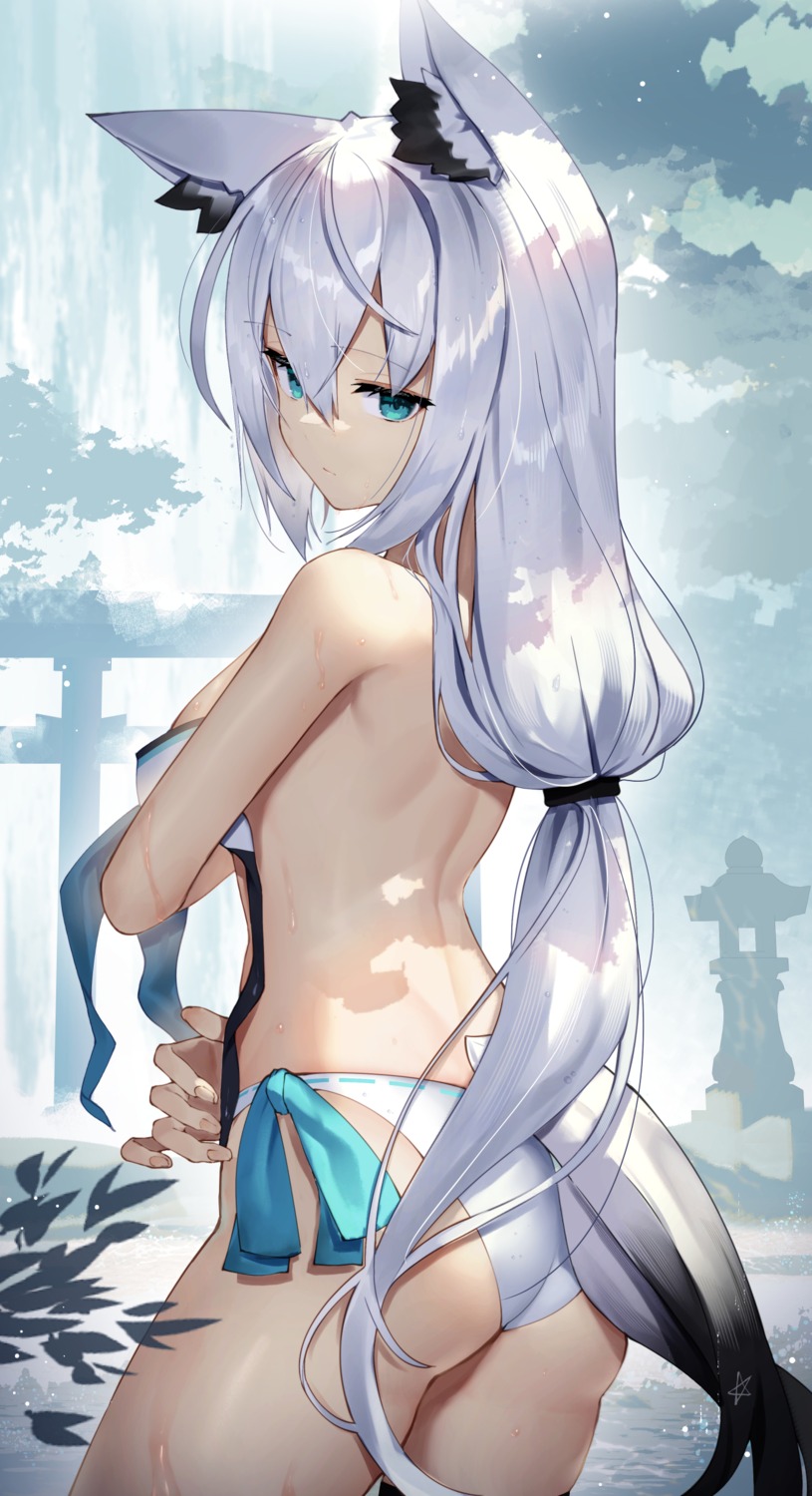 animal_ears ass bikini hololive hololive_gamers kitsune scottie shirakami_fubuki swimsuits tail topless wet