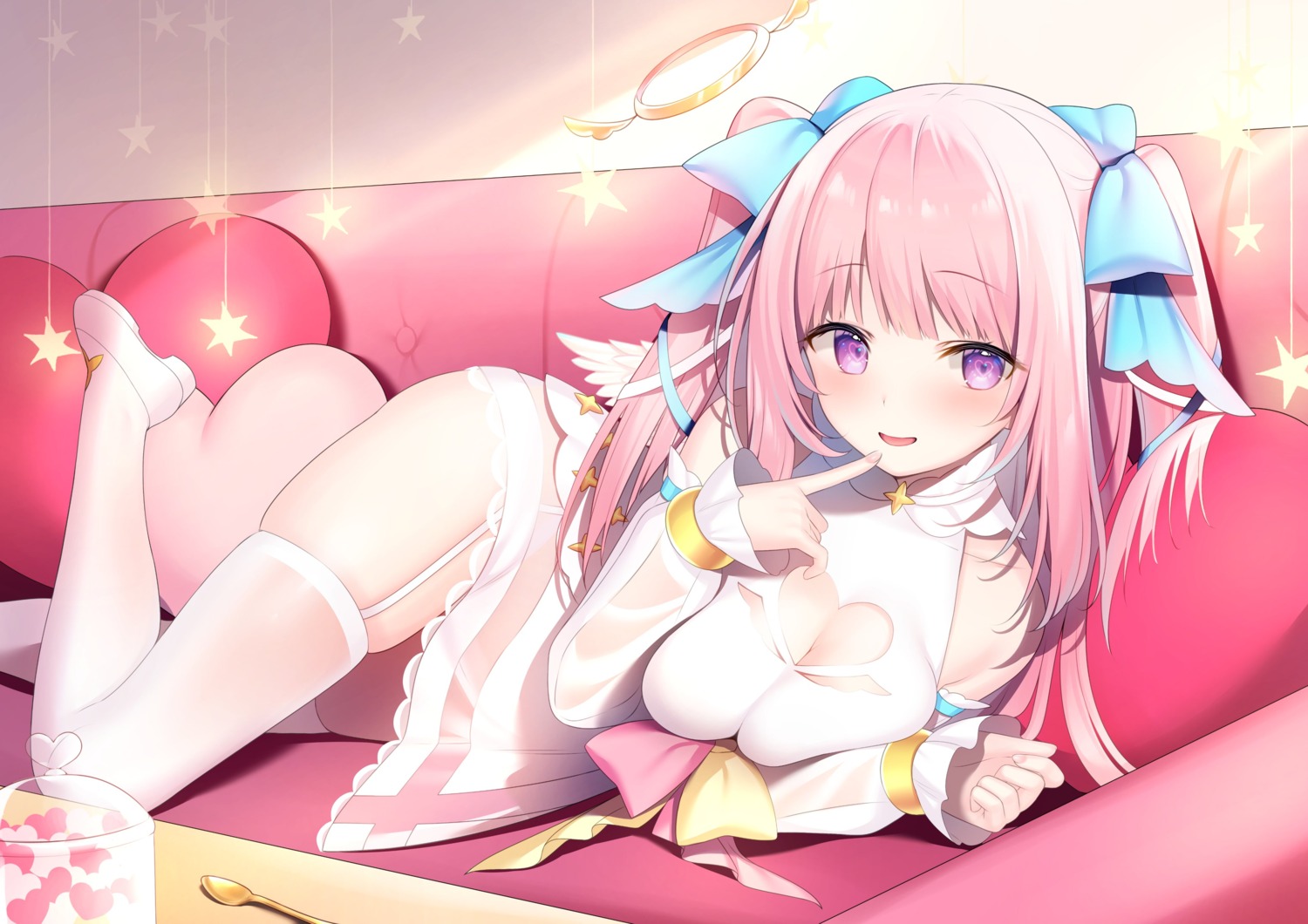 angel breast_hold mashiro_mayu miko_92 see_through skirt_lift stockings thighhighs wings