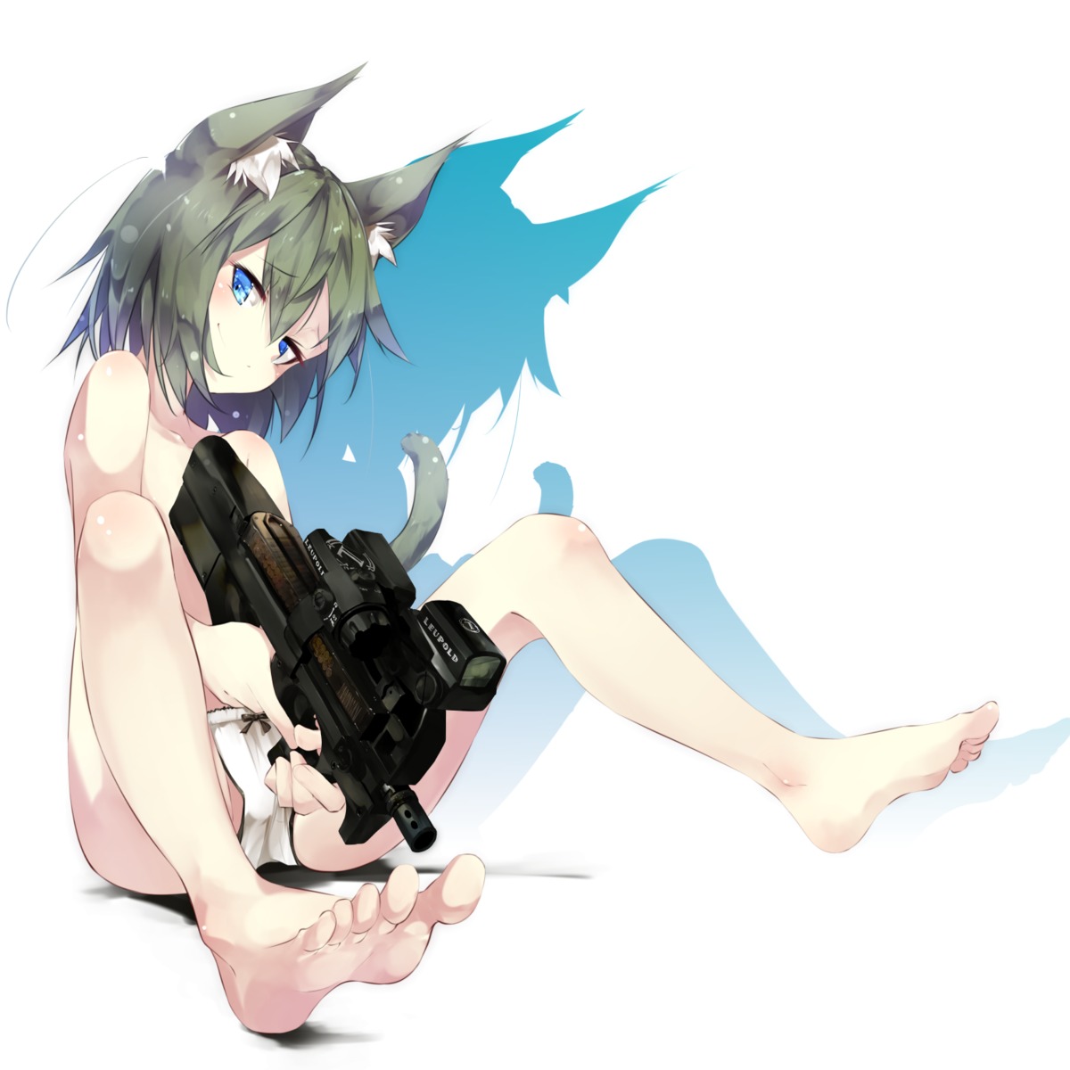 animal_ears feet gorilla_(bun0615) gun loli nekomimi tail topless