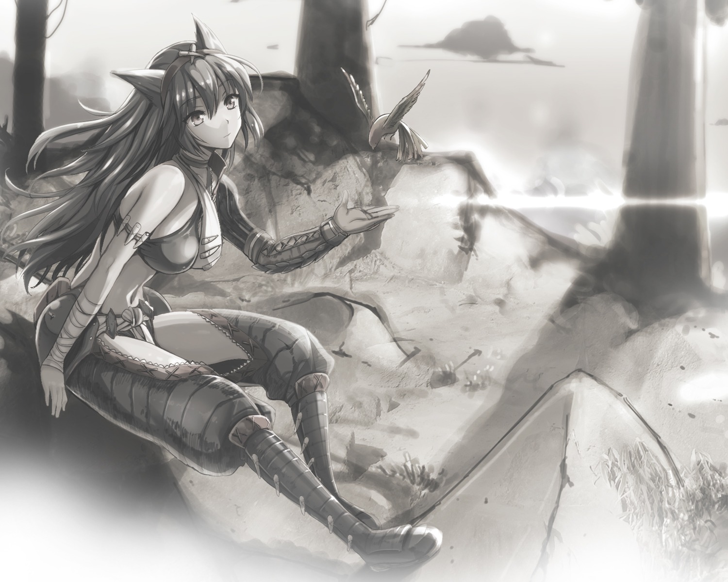 animal_ears kojima_saya monochrome monster_hunter naruga