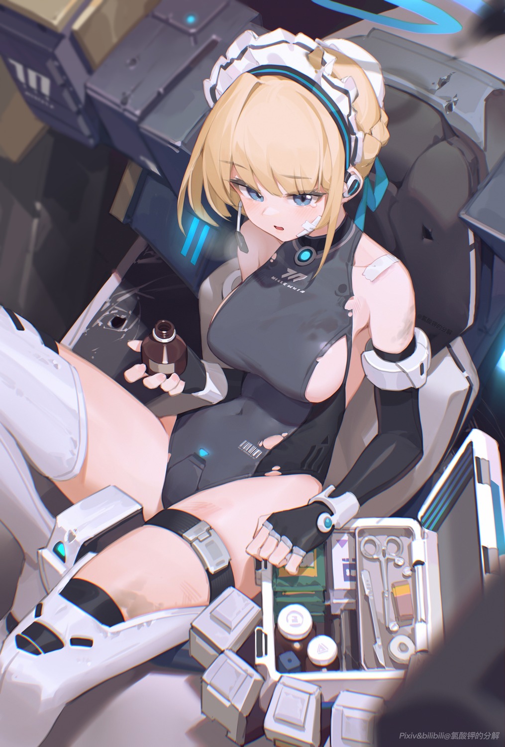 asuma_toki bilibili_xiaolu blue_archive garter halo headphones leotard mecha no_bra thighhighs torn_clothes