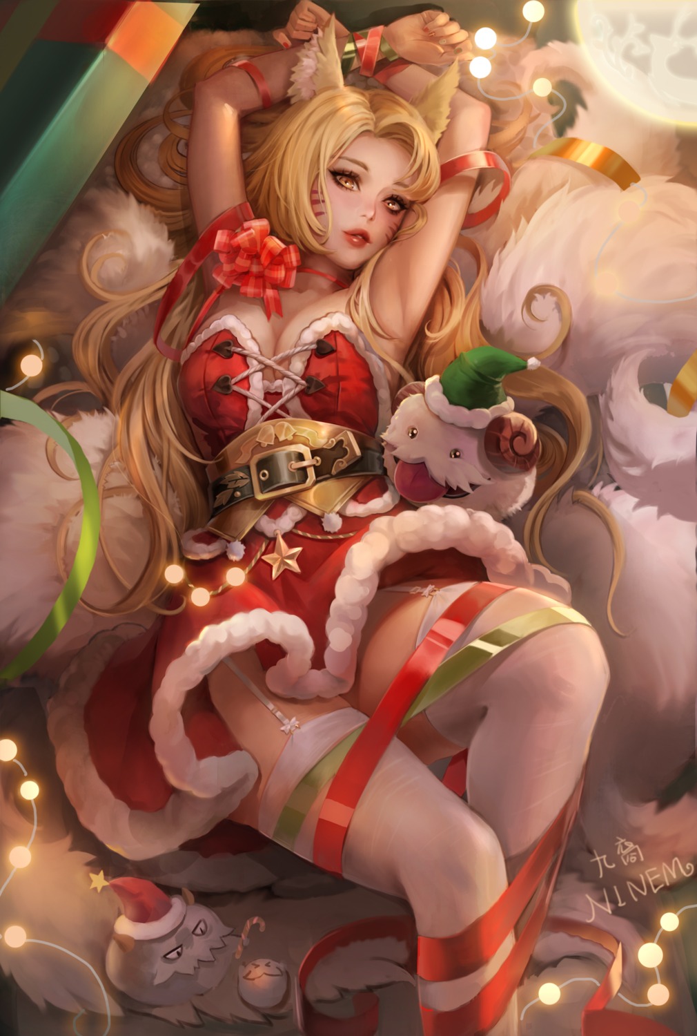 ahri animal_ears bondage christmas dress kitsune league_of_legends ninem no_bra skirt_lift stockings tail thighhighs