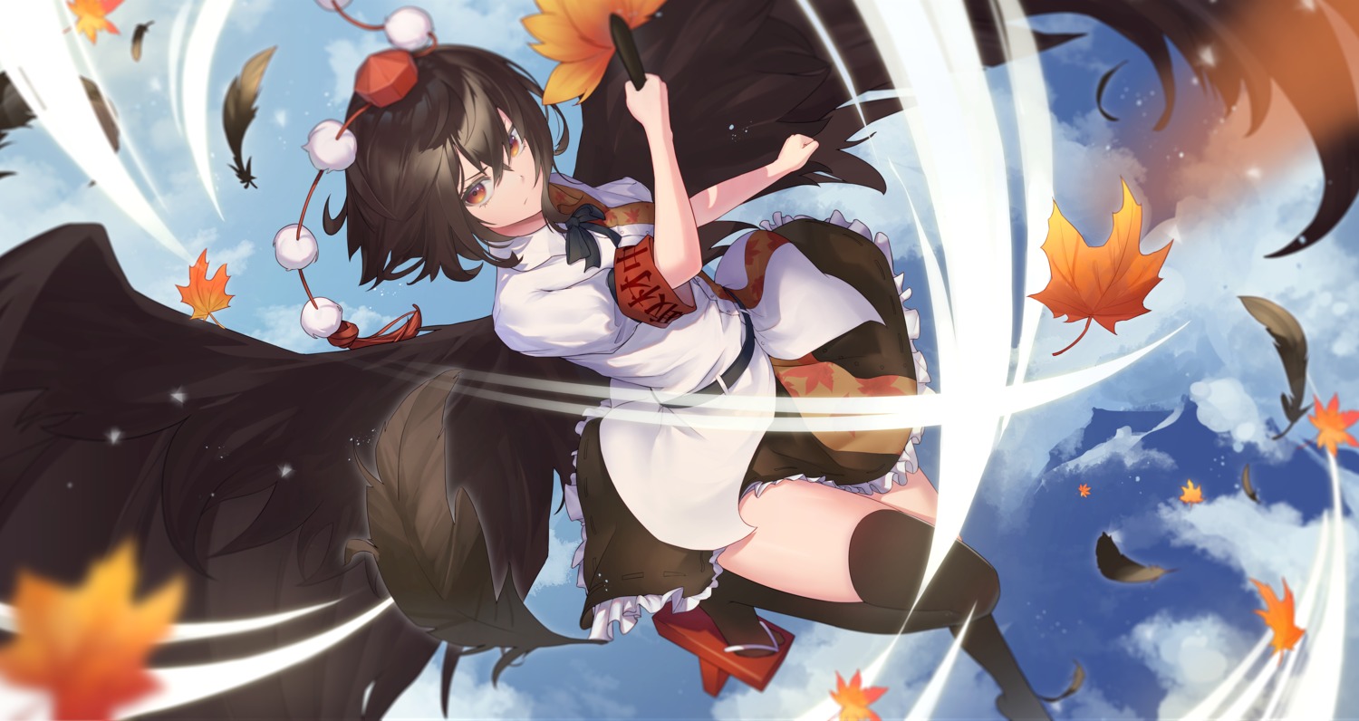 aya_(lezon) shameimaru_aya skirt_lift thighhighs touhou wings