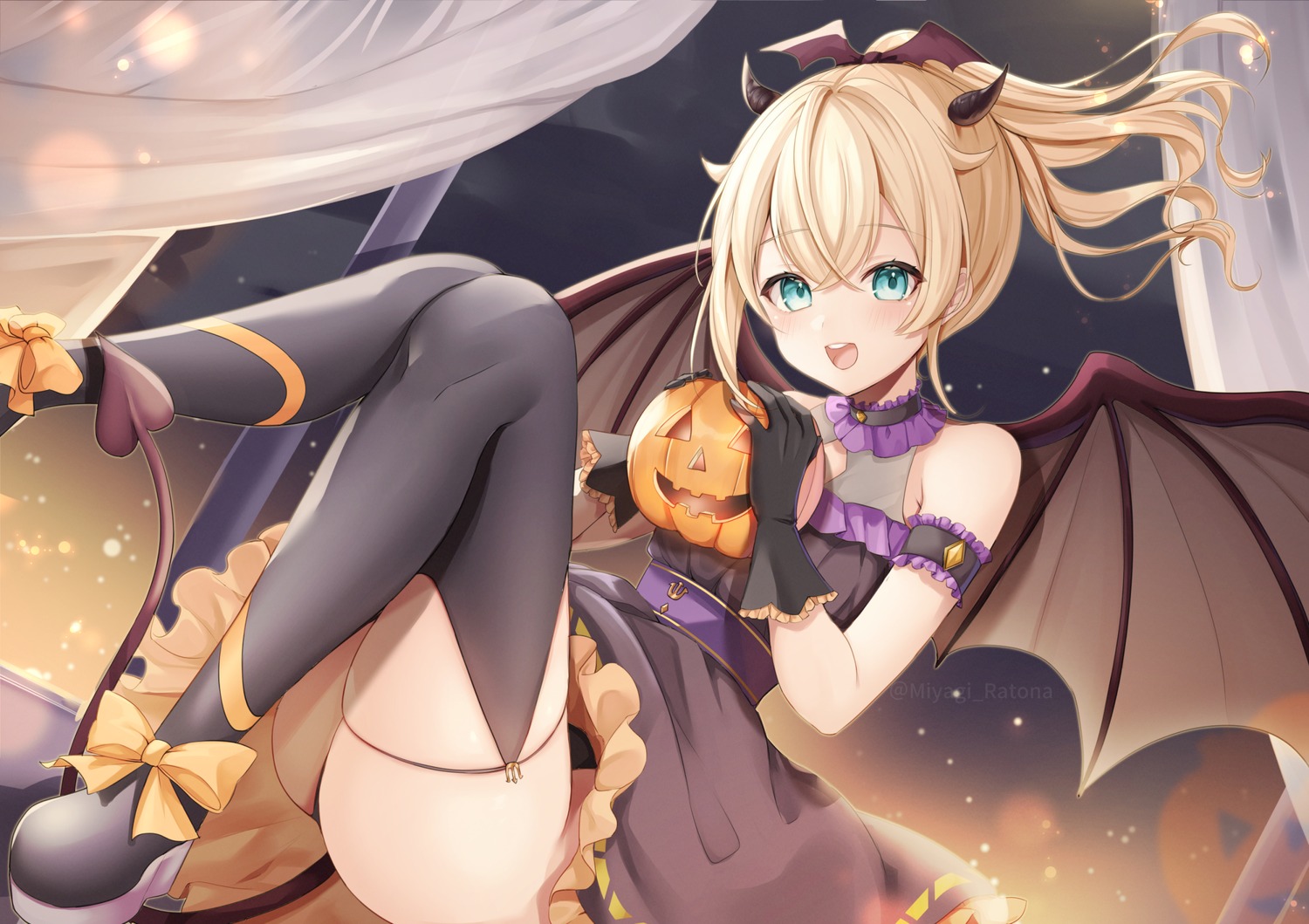 garter halloween hololive horns kazama_iroha miyagi_ratona pantsu skirt_lift tail thighhighs thong wings