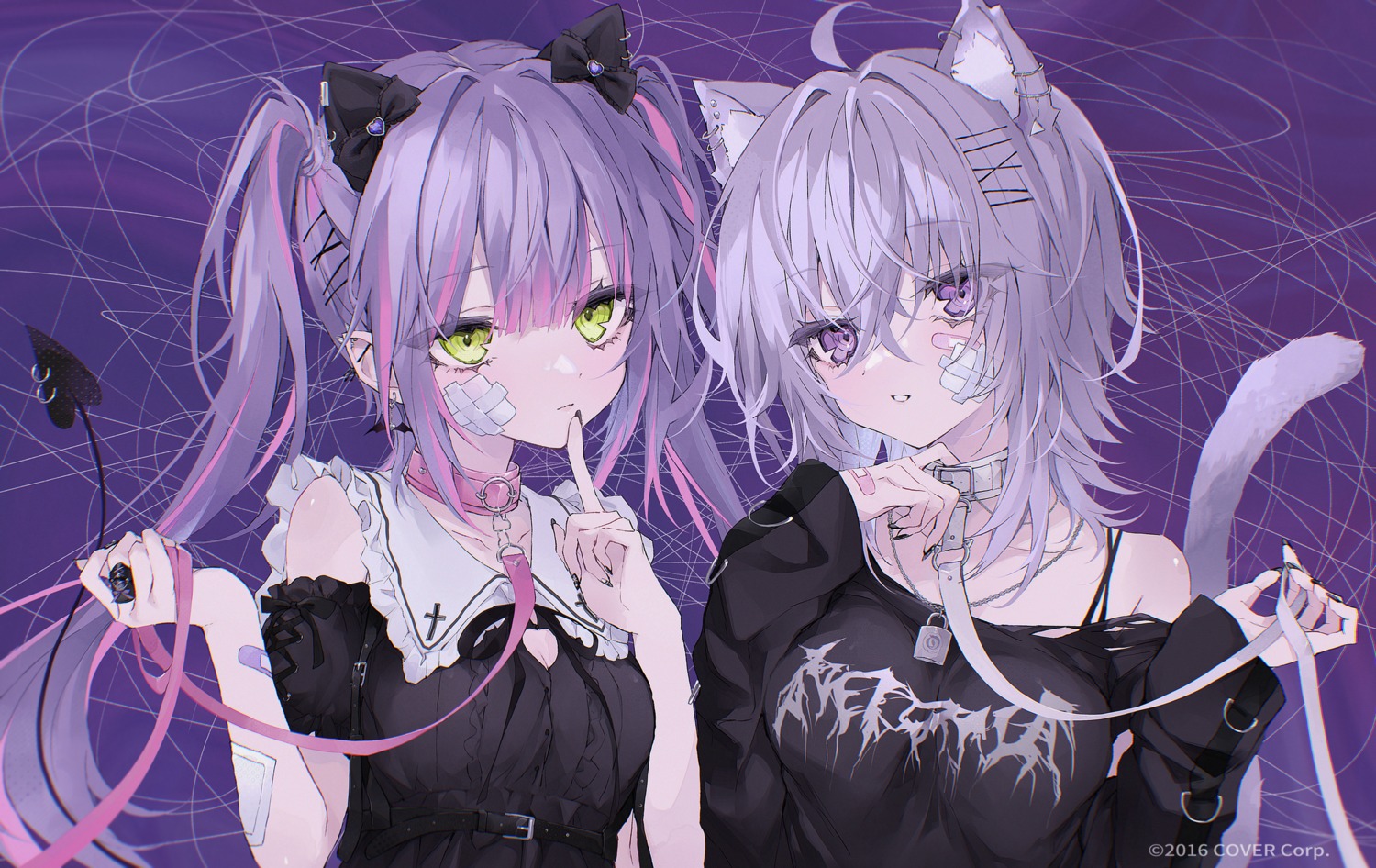 animal_ears bandaid hololive hololive_gamers lolita_fashion nekomata_okayu nekomimi si10ra tail tokoyami_towa torn_clothes