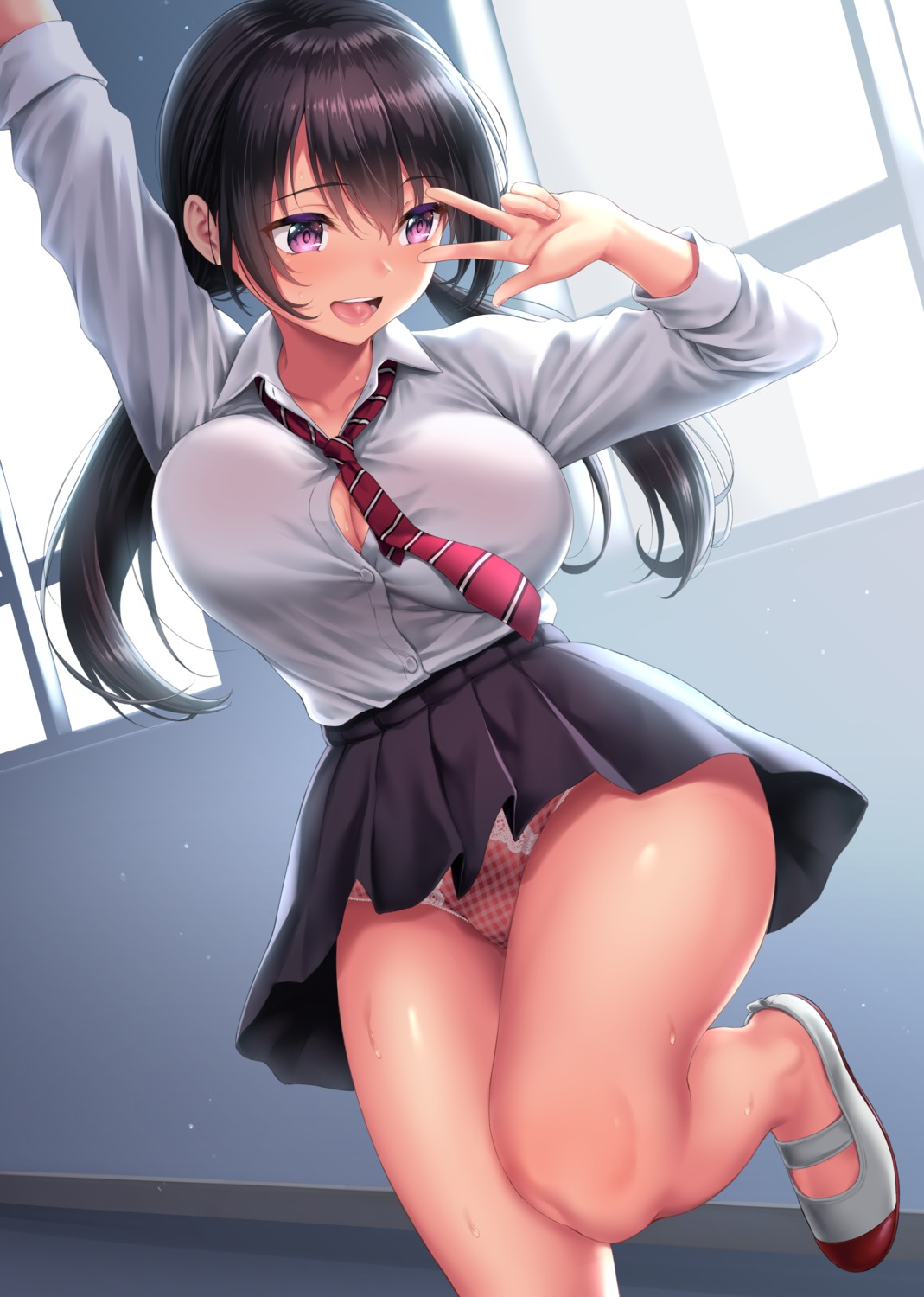 artist_revision cleavage kase_daiki open_shirt pantsu seifuku skirt_lift wet