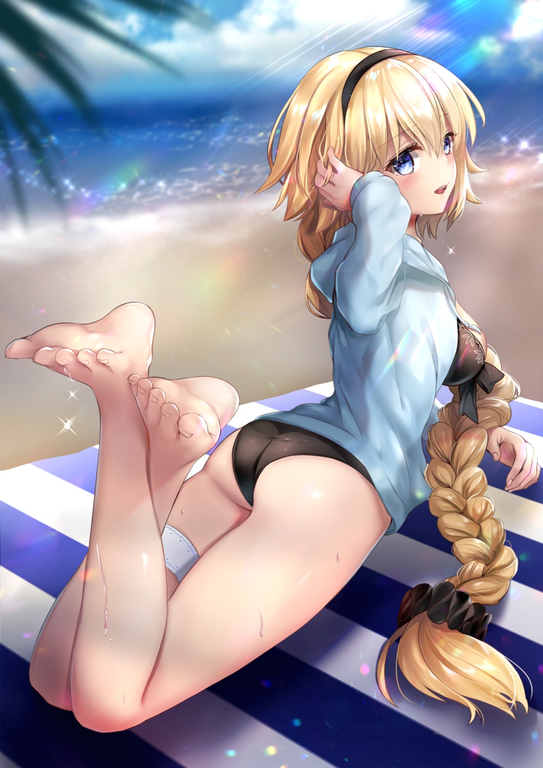 ass bikini fate/grand_order feet garter hane_yuki jeanne_d'arc jeanne_d'arc_(fate) open_shirt swimsuits