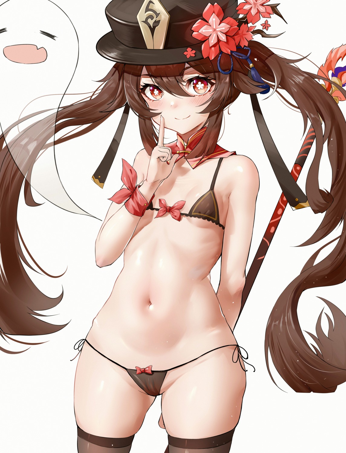 bikini di_qi_gang_guang genshin_impact hu_tao swimsuits thighhighs weapon