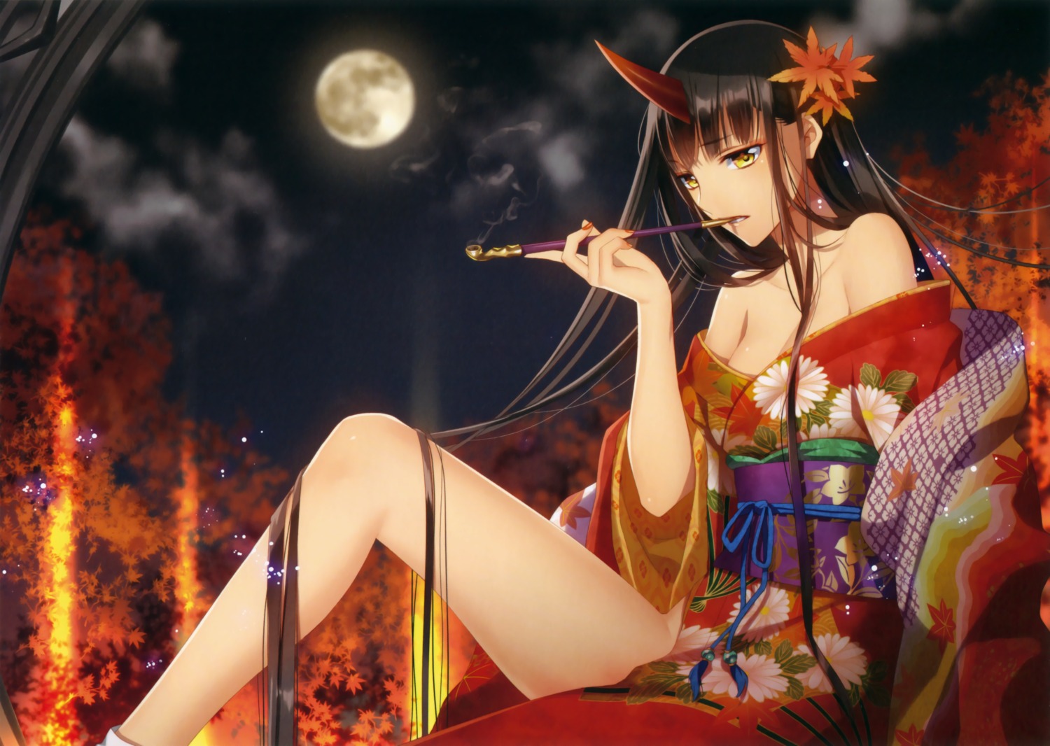 cleavage horns kimono murakami_yuichi open_shirt smoking