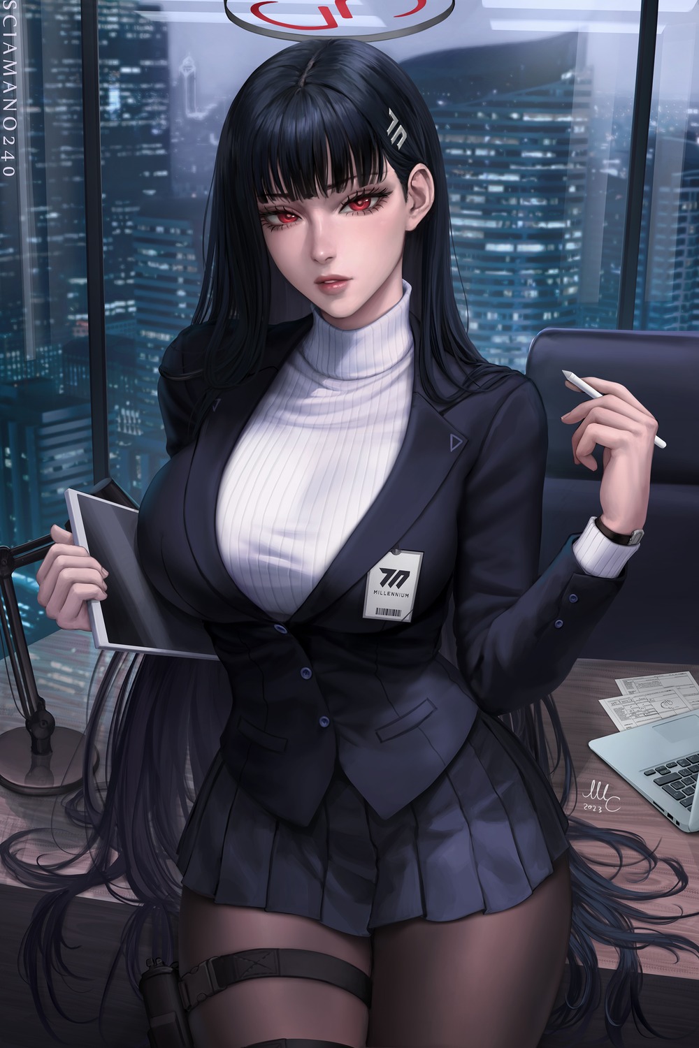 blue_archive business_suit garter halo mirco_cabbia pantyhose sweater tsukatsuki_rio