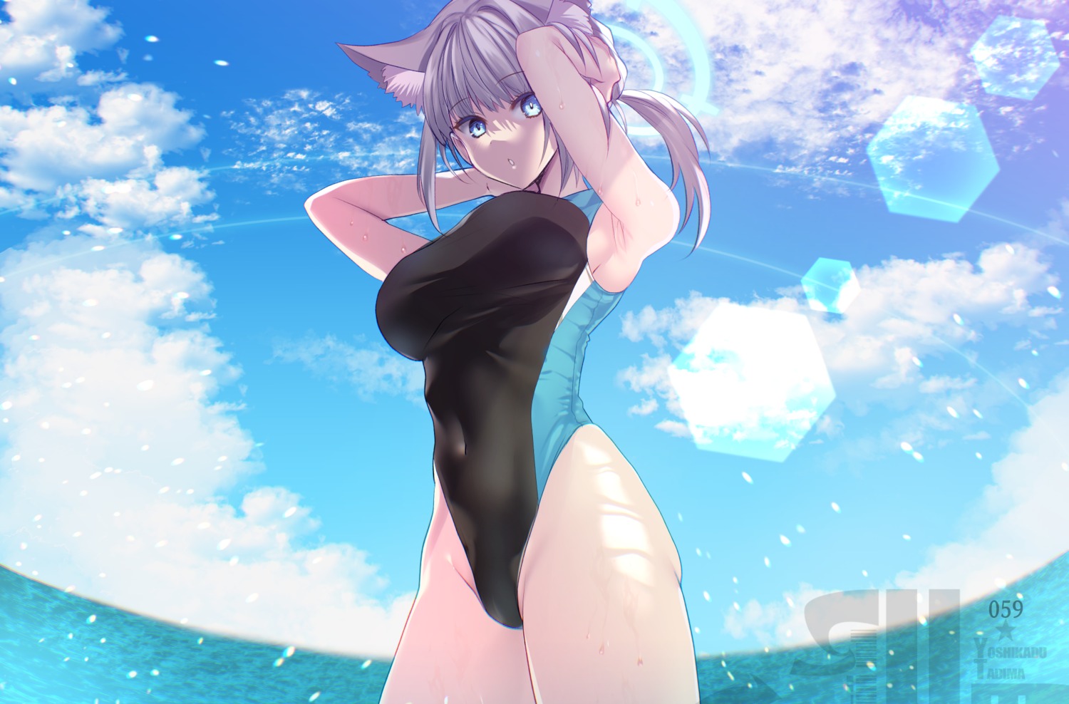 animal_ears blue_archive halo nekomimi sunaookami_shiroko swimsuits tajima_yoshikazu