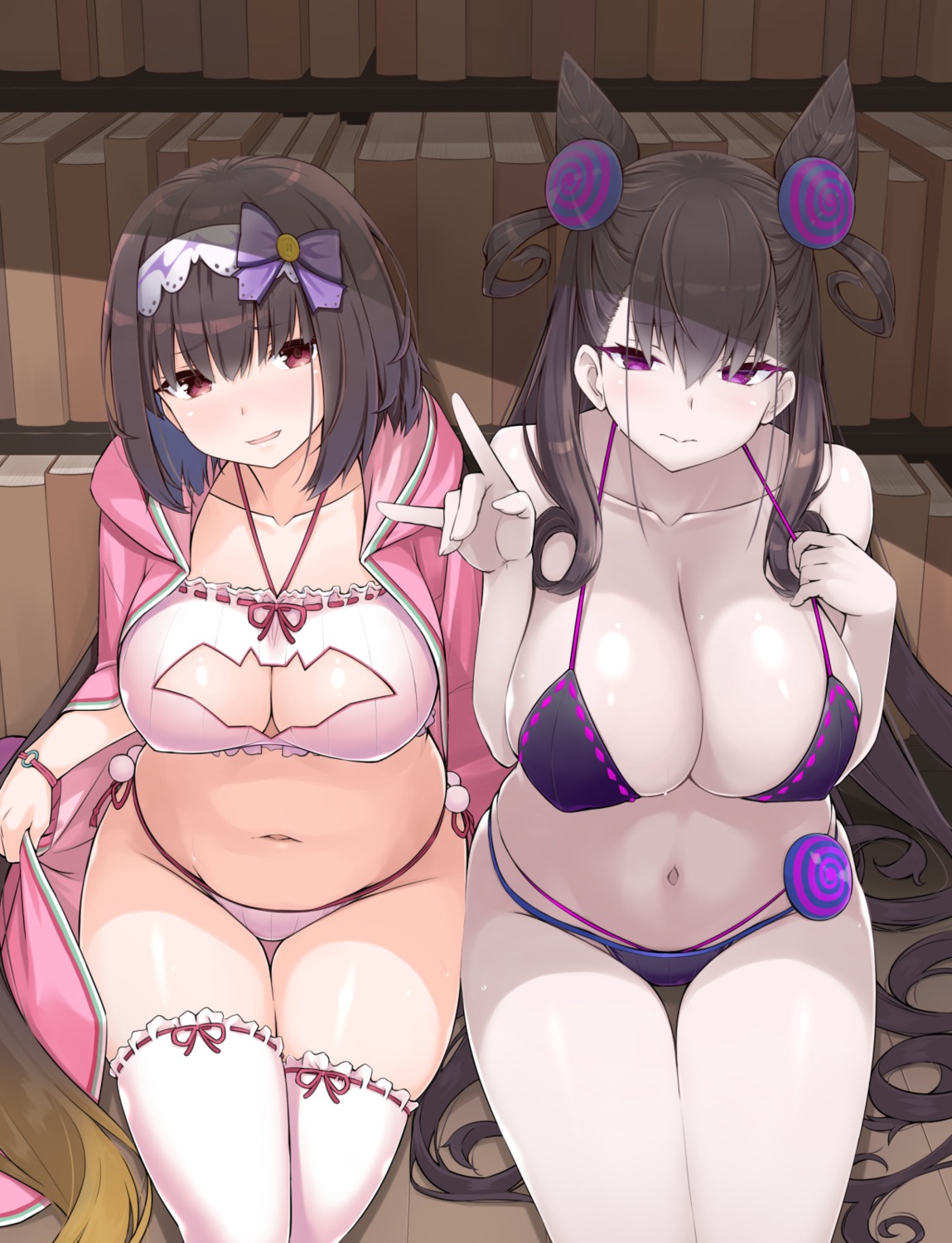 bakutendou bikini fate/grand_order murasaki_shikibu_(fate) open_shirt osakabe-hime_(fate/grand_order) swimsuits thighhighs