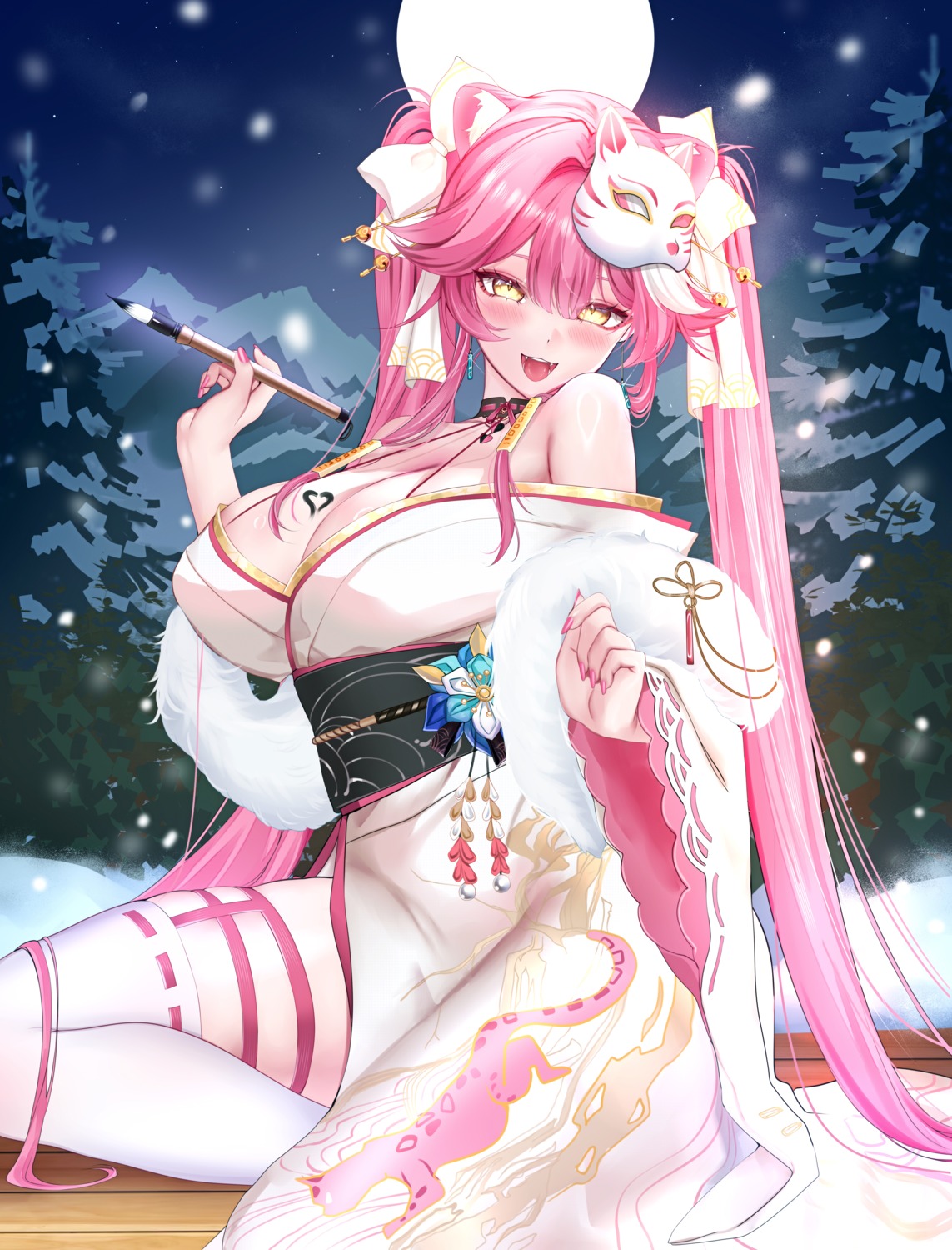 animal_ears garter hololive hololive_english kimono necrotenshi no_bra raora_panthera stockings thighhighs