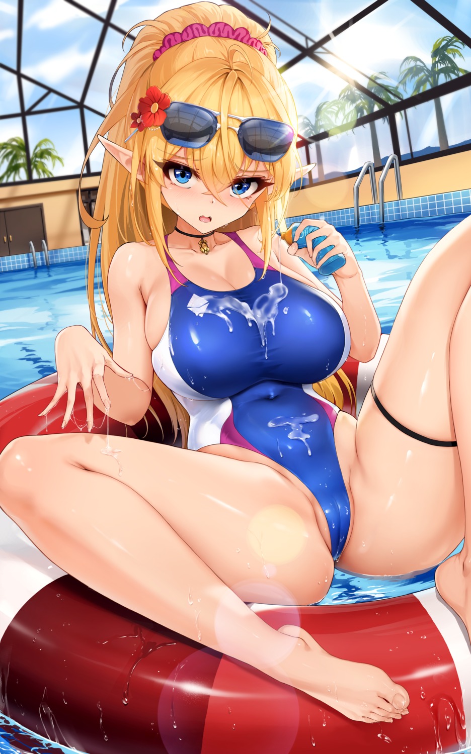 artist_revision cameltoe cleavage cream garter megane niliu_chahui pointy_ears ruri_(niliu_chahui) swimsuits