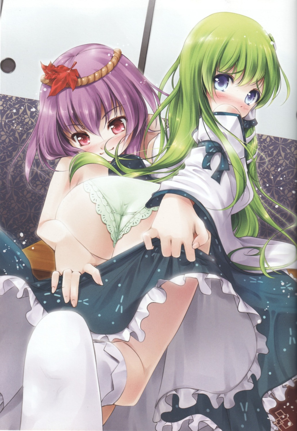 ass kochiya_sanae miyase_mahiro nanairo_otogizoushi pantsu touhou undressing yasaka_kanako