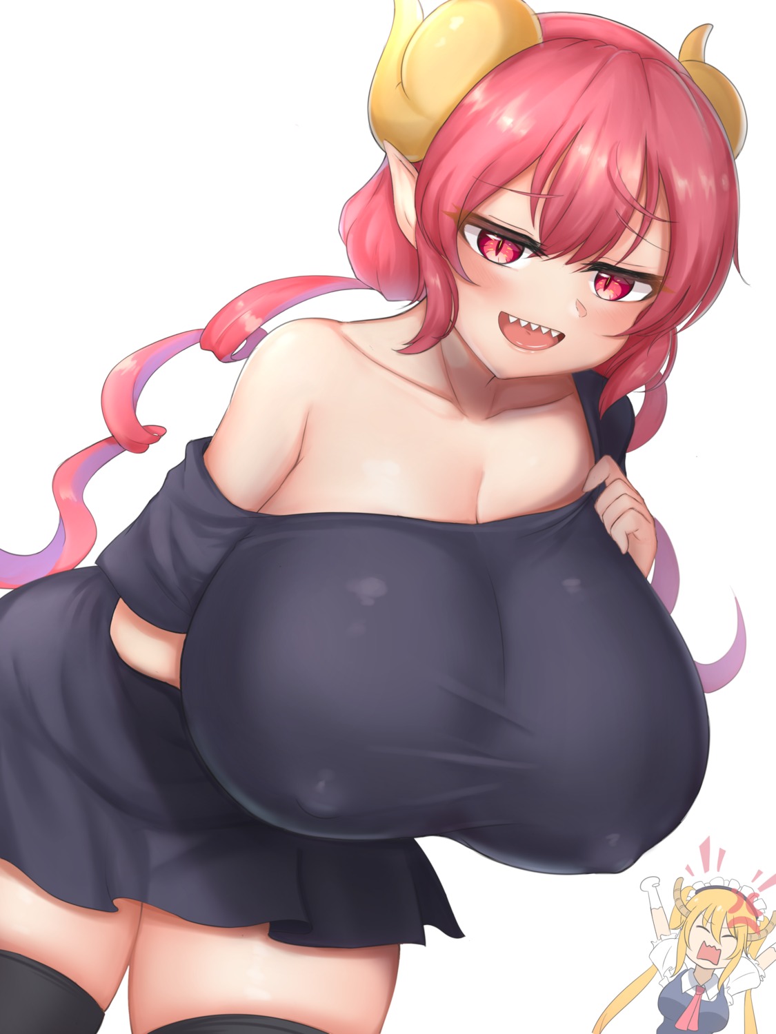 erect_nipples horns ilulu kobayashi-san_chi_no_maidragon maid minori_(artist) no_bra pointy_ears thighhighs tooru_(maidragon)