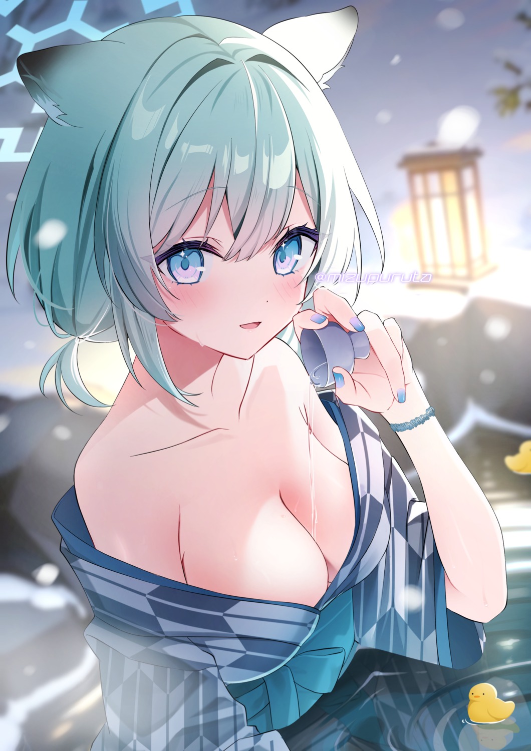 animal_ears blue_archive halo mayoi_shigure mizupuruta no_bra onsen open_shirt wet yukata