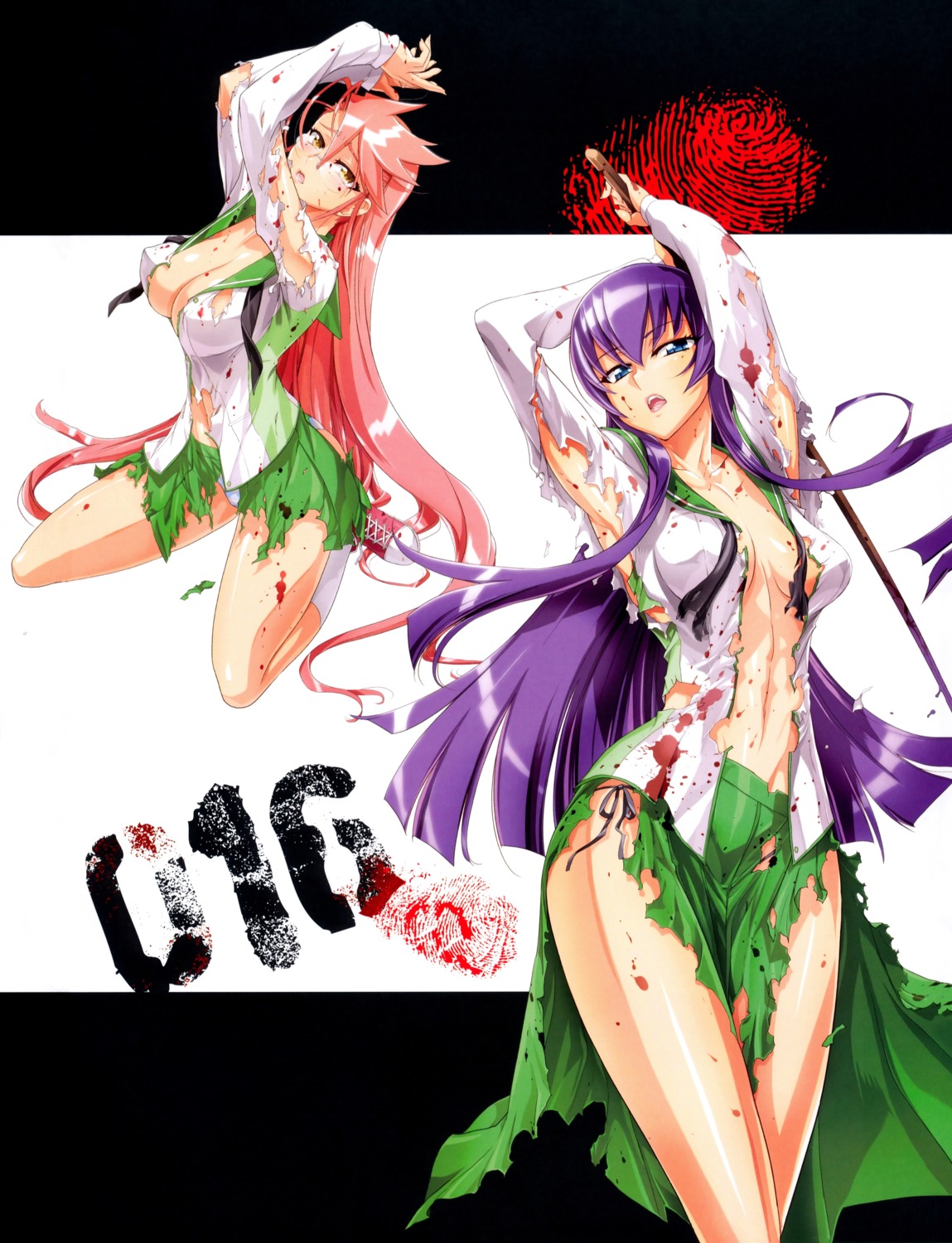 blood busujima_saeko highschool_of_the_dead inazuma megane no_bra open_shirt pantsu seifuku string_panties takagi_saya torn_clothes weapon